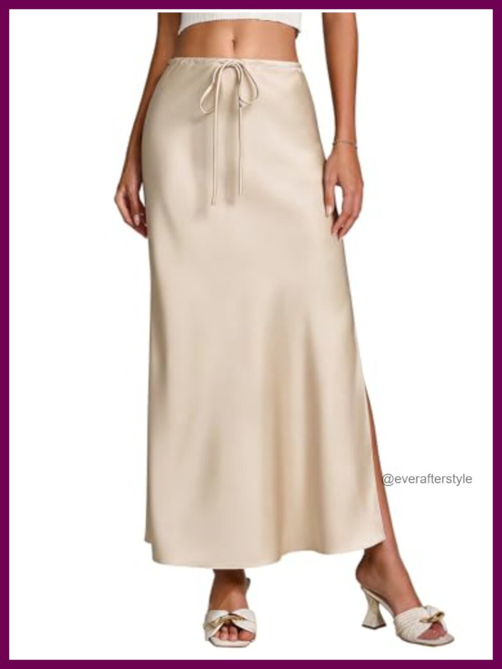 Satin Silk Maxi Skirt Slit Drawstring A-Line Flared Ankle-Length